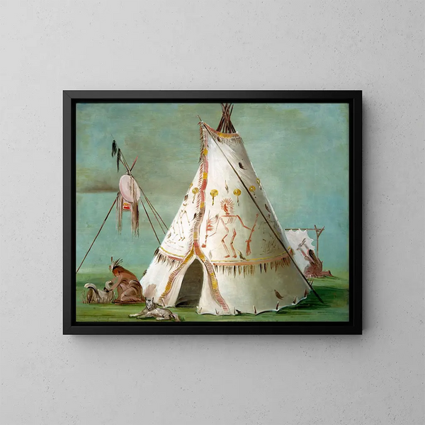 Cabane des vingt-cinq peaux de buffle - George Catlin — kehystetty taideteos seinällä