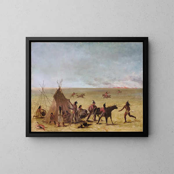 Perhe paniikissa heinänpalon lähestyessä - George Catlin — kehystetty taideteos seinällä