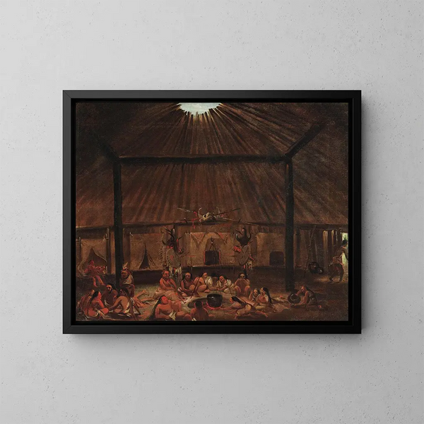 Intérieur d'un pavillon mandan - George Catlin — kehystetty taideteos seinällä