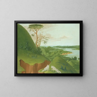 joki- ja rantakallioista, joissa valkoisia susia etualalla, Haut-Missouri - George Catlin — kehystetty taideteos seinällä