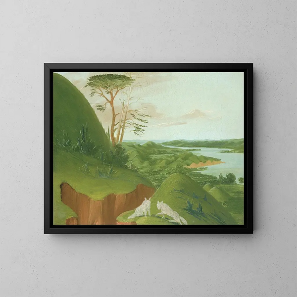 joki- ja rantakallioista, joissa valkoisia susia etualalla, Haut-Missouri - George Catlin — kehystetty taideteos seinällä