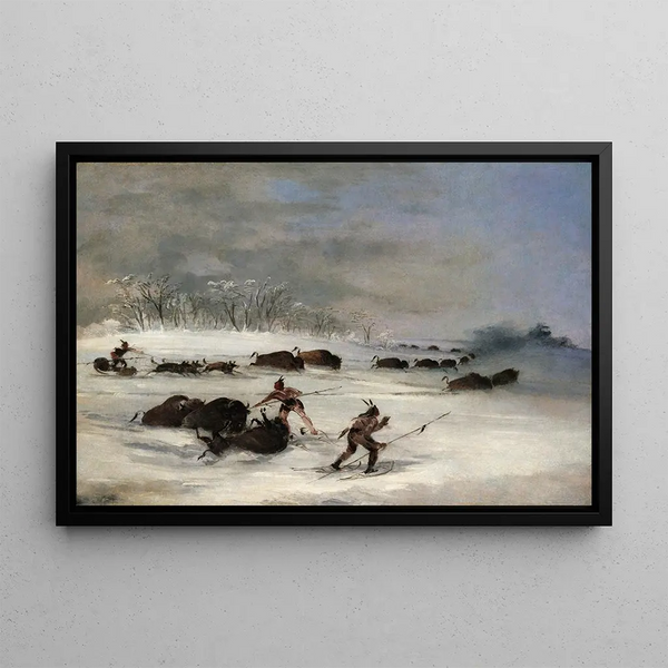 Sioux-intiaaneiden maalaus raudoilla bisonin metsästämässä - George Catlin — kehystetty taideteos seinällä