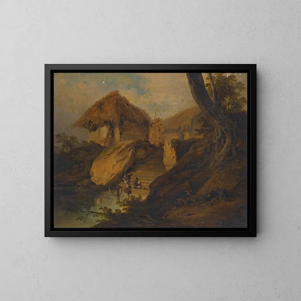 Figures se lavant dans une rivière avec des huttes de chaume derrière, Bengale, Inde - George Chinnery — kehystetty taideteos seinällä