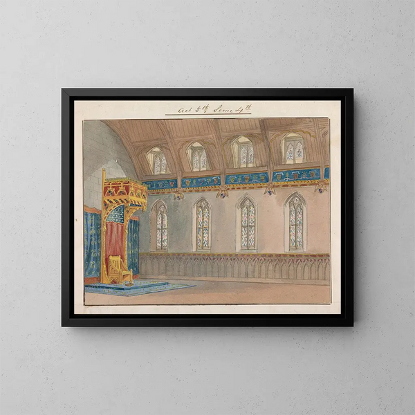 sisustukseen Richard II:n esityksestä Charles Keanin Maalaus Princess's Theatressä 12. maaliskuuta 1857, 5. näytös, 4. kohtaus - George Cressal Ellis — kehystetty taideteos seinällä