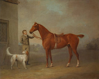 Le chasseur de marrons de M. Yarburgh, Robin des Bois, tenu par un palefrenier avec un chien dans un paysage - George Haigh — näkymä teoksesta