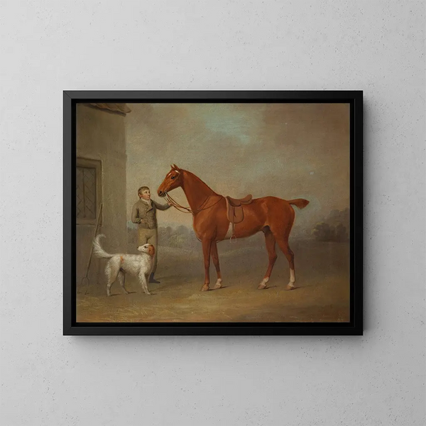 Le chasseur de marrons de M. Yarburgh, Robin des Bois, tenu par un palefrenier avec un chien dans un paysage - George Haigh — kehystetty taideteos seinällä