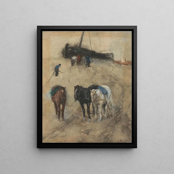George Hendrik Breitner - Paarden op het strand op de achtergrond een schuit en vissers.webp