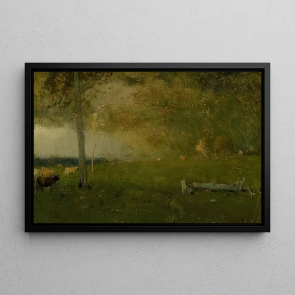 Maisemamaalaus karjasta myrskyssä - George Inness — kehystetty taideteos seinällä