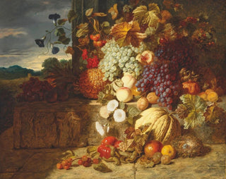 George Lance - Grapes peaches a melon and other fruit on a stone frieze with a birds nest.webp