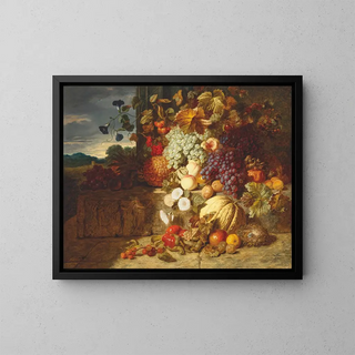 George Lance - Grapes peaches a melon and other fruit on a stone frieze with a birds nest.webp