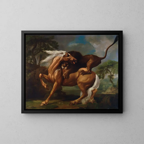 Leijona hyökkäämässä hevosta vastaan - George Stubbs — kehystetty taideteos seinällä