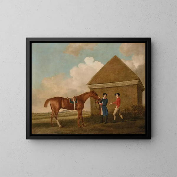 Eclipse Newmarketissa hoitajan ja ratsastajan kanssa - George Stubbs — kehystetty taideteos seinällä
