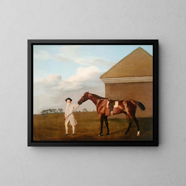 Queue de feu avec son entraîneur à la maison de toilettout de Newmarket Heath - George Stubbs — kehystetty taideteos seinällä