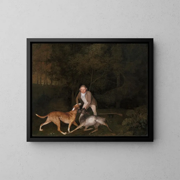 Metsästäjän vartija Clarendonin paronassa suruissaan oleva peura ja koira - George Stubbs — kehystetty taideteos seinällä