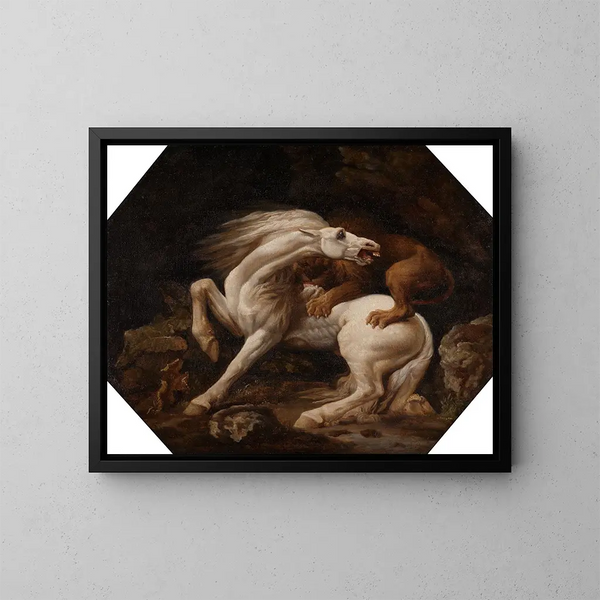 hevonen hyökkäävä leijonan kimppuun - George Stubbs — kehystetty taideteos seinällä