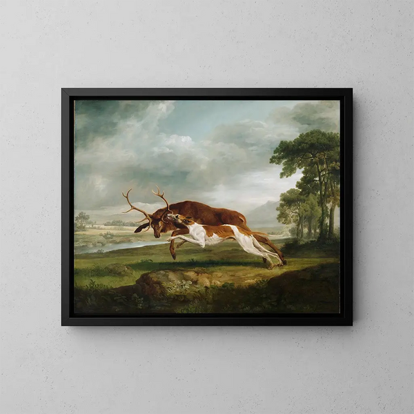 Juokseva koira ja hirvi - George Stubbs — kehystetty taideteos seinällä