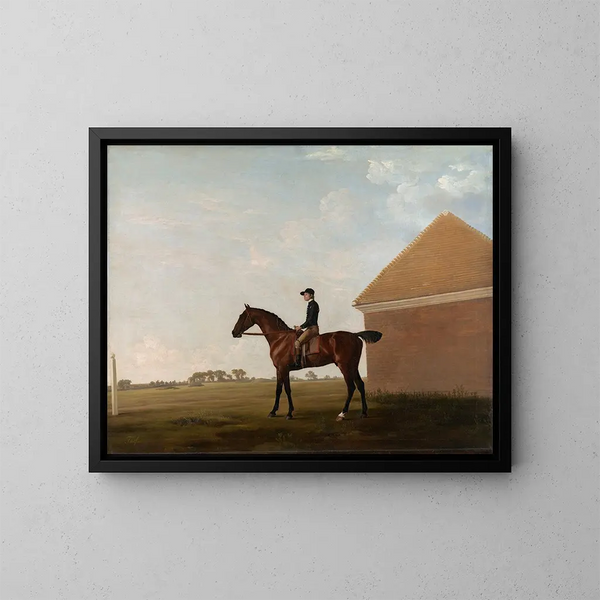 Hevosurheilukentästä ja ratsastajasta Newmarketissa - George Stubbs — kehystetty taideteos seinällä