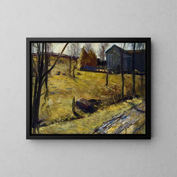 Heinäpaalit ja lato - George Wesley Bellows — kehystetty taideteos seinällä