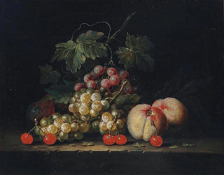 George William Sartorius - Grapes peaches and cherries on a stone ledge.webp