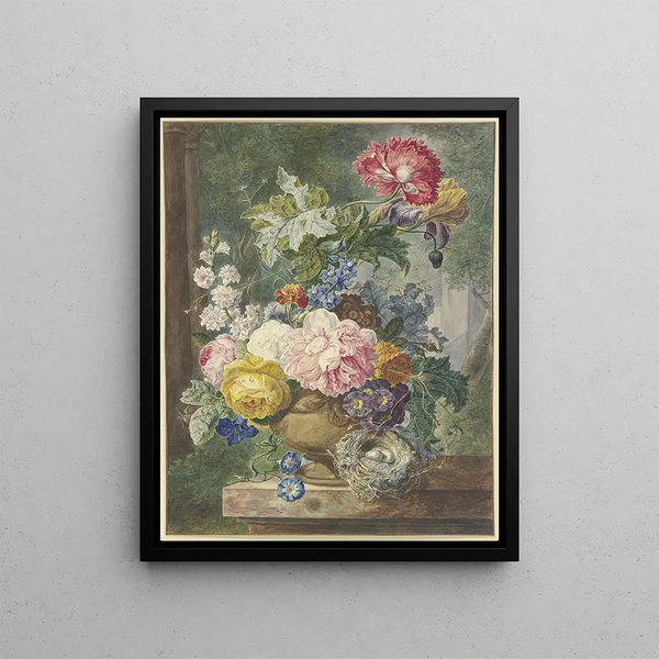 Georgius Jacobus Johannes van Os - Blumenstrau In Einer Vase Dabei Ein Vogelnest.webp