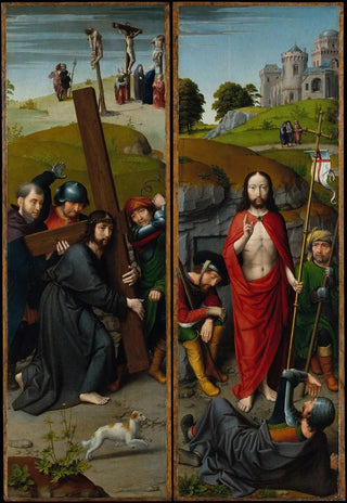 Gerard David - Christ Carrying the Cross with the Crucifixion The Resurrection with the Pilgrims of Emmaus.webp