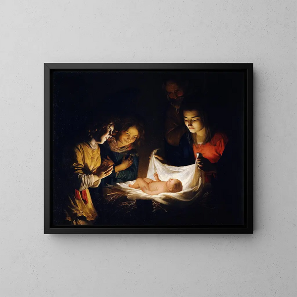 Adoration de l'Enfant - Gerard van Honthorst — kehystetty taideteos seinällä