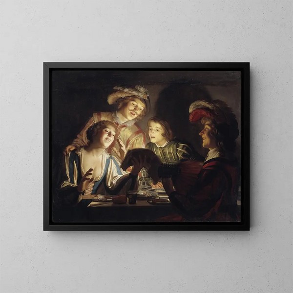 Ryhmä musiikkia kynttilän äärellä - Gerard van Honthorst — kehystetty taideteos seinällä