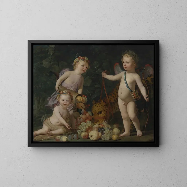 Kolme lasta hedelmien kanssa ja jaguaari - Gerard van Honthorst — kehystetty taideteos seinällä