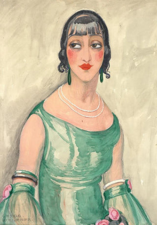 Gerda Wegener - Portrait of a woman in green dress and pearls.webp