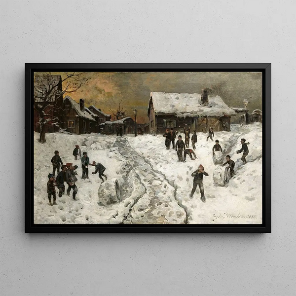 Gerhard Munthe lumipallon heitto — kehystetty taideteos seinällä