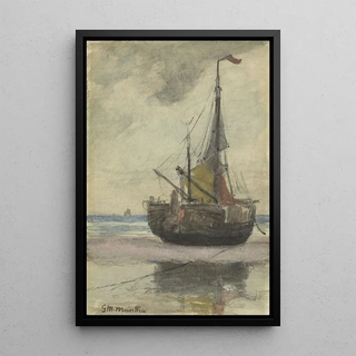 Gerhard Munthe - Vissersboot op het strand met gereefd zeil.webp