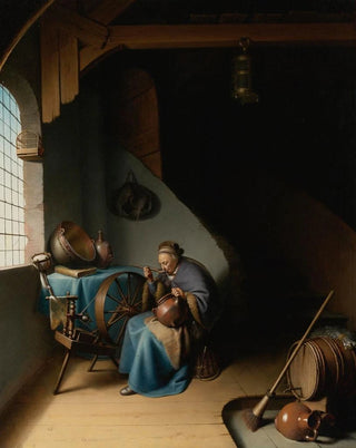 Gerrit Dou - An Elderly Woman Seated By A Window At Her Spinning Wheel Eating Porridge.webp