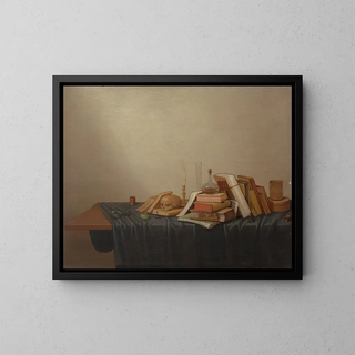 Gerrit van Vucht - A Vanitas with books a skull a candle and various objects on a table.webp