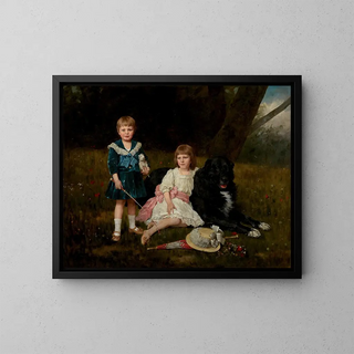 Geza Vastagh - A portrait of two children with their favorite dog in a flowering landscape.webp