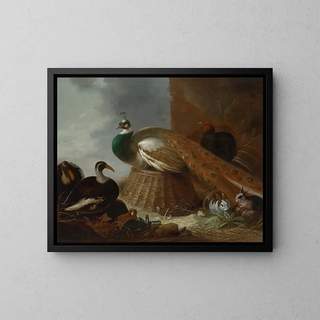 Gijsbert Gillisz de Hondecoeter - A peacock a pair of ducks rabbits and a turkey in a landscape.webp