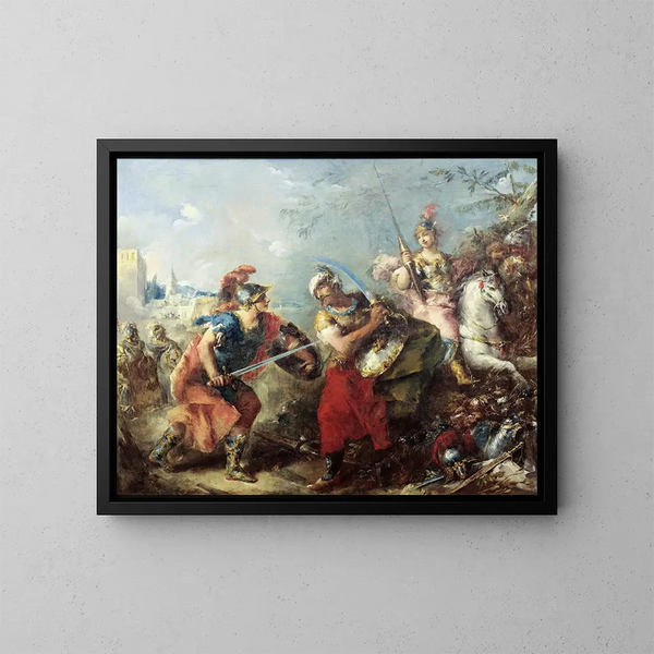 Taistelu Tancrède ja Arganten välillä Clorinden taustalla - Giovanni Antonio Guardi — kehystetty taideteos seinällä
