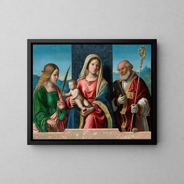 Vierge à l'Enfant avec les saints Catherine et Nicolas - Giovanni Battista Cima da Conegliano — kehystetty taideteos seinällä
