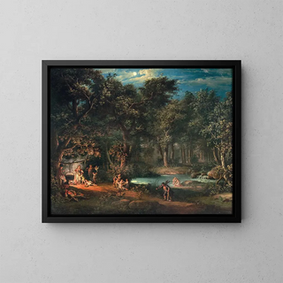 Figures près d'un campement dans un paysage nocturne - Giovanni Battista Innocenzo Colombo — kehystetty taideteos seinällä