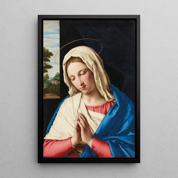 La Vierge en prière avec un paysage au-delà - Giovanni Battista Salvi da Sassoferrato — kehystetty taideteos seinällä