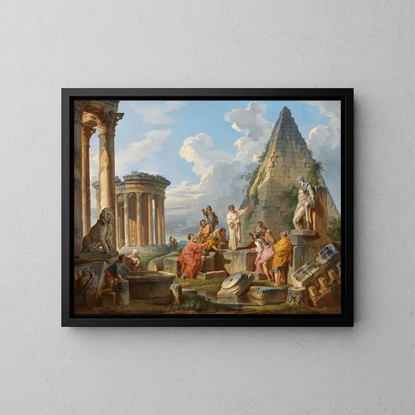Un caprice avec saint Paul prêchant aux Romains avec le temple de Vesta et la pyramide de Caius Cestius - Giovanni Paolo Panini — kehystetty taideteos seinällä