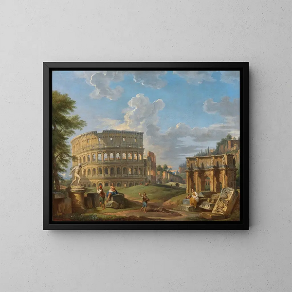 maisemasta Colosseumin ja Konstantinuksen sillan kanssa Roomassa - Giovanni Paolo Panini — kehystetty taideteos seinällä