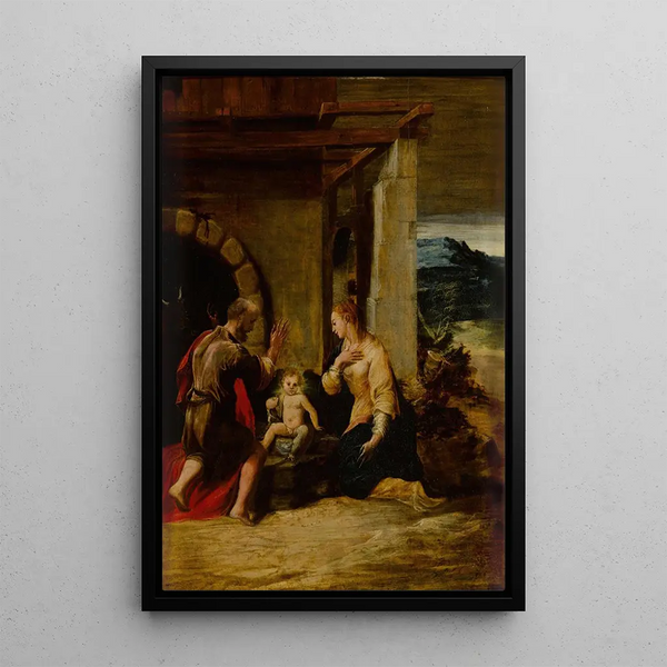 La Sainte Famille dans un paysage - Girolamo Mazzola Bedoli — kehystetty taideteos seinällä