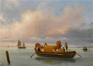 Giuseppe Canella - A Venetian scene with a gondola on a lagoon.webp