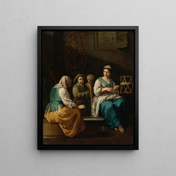 Giuseppe Gambarini - An allegory of Winter with a young woman spinning in an interior and an old woman and children warming themselves over a brazier.webp