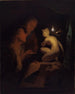 Nuori mies ja nainen opiskelemassa Venus-veistosta lamppujen valossa - Godfried Schalcken — näkymä teoksesta