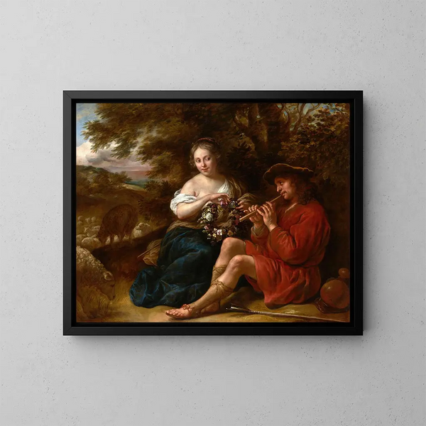 Bergère-tyylinen, joka kuuntelee paimenta soittamassa huilua arkaadisessa maisemassa - Govert Flinck — kehystetty taideteos seinällä