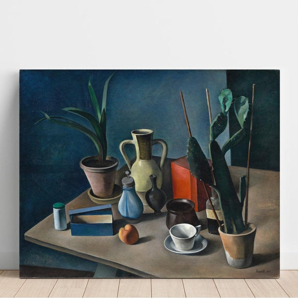 Maalauksen jäljennös Suuri still life -maalaus punaisella kannulla ja teekupilla - Alexander Kanoldt
