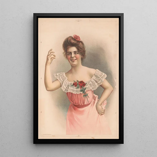 Gray Litho Co - Woman with pink rose in hair wearing pink dress with red roses on the front.webp