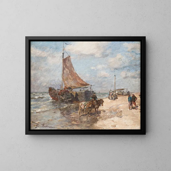 Pêcheur sur la plage de Katwiyk - Gregor von Bochmann — kehystetty taideteos seinällä