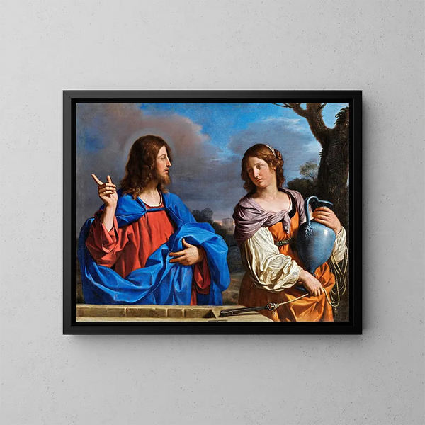 Jeesuksesta ja samarialaisesta kaivolla - Guercino — kehystetty taideteos seinällä